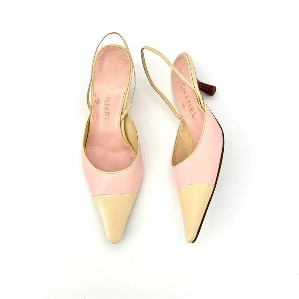 Vintage Chanel Pastel Pink Cap Toe Slingback Kitten Heel Pointed Toe Pumps 36